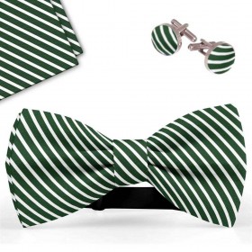 Set papion barbati, batista, butoni, verde, dungi albe subtiri